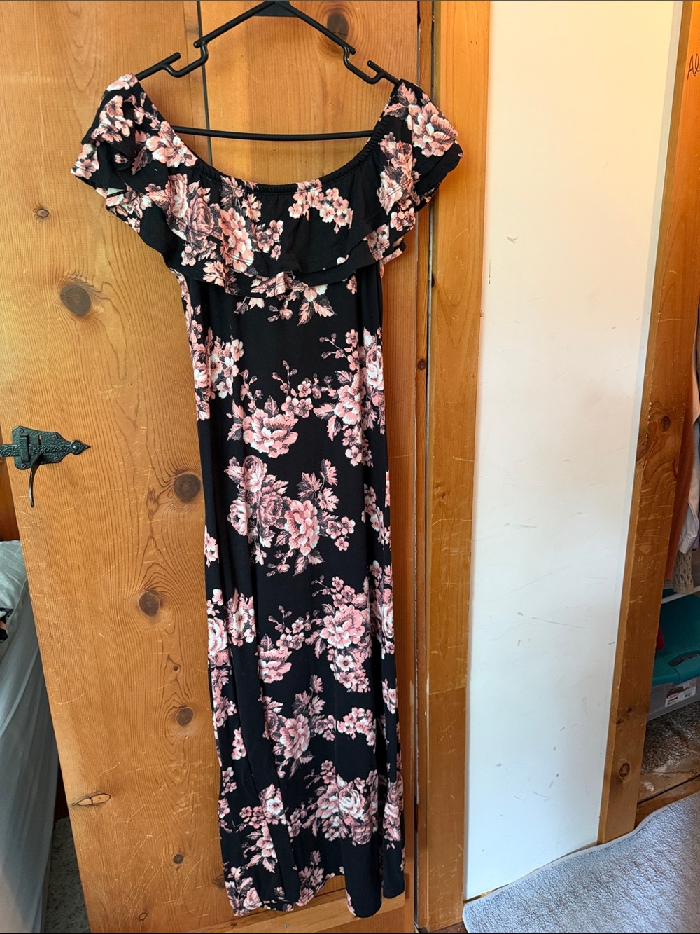 Hot Kiss Black Maxi Dress with Pink Floral Ruffle
